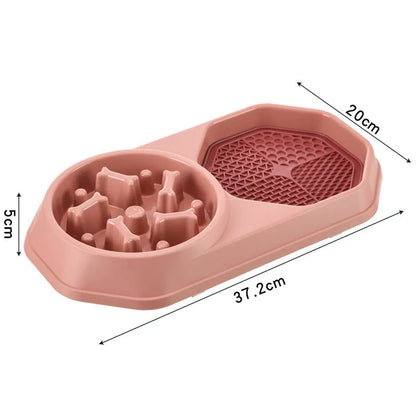 Blue slow feeder dog bowl with maze pattern and non-slip base, shown with dry kibble.