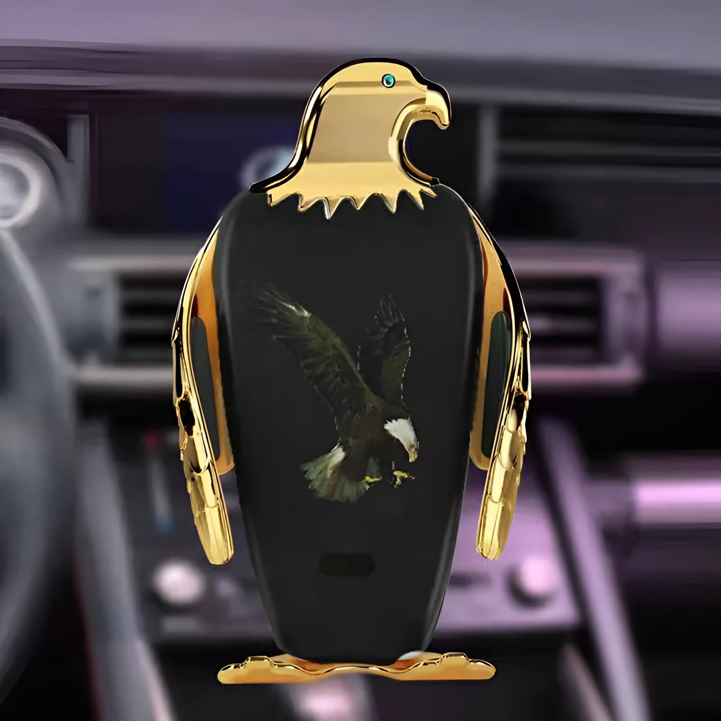 Car phone holder with wireless charging pad and Eagle design on a suction cup mount.