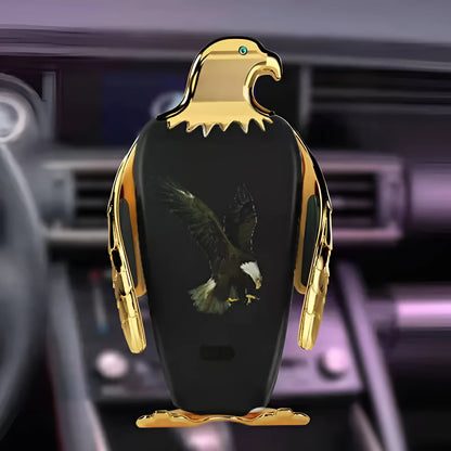 Car phone holder with wireless charging pad and Eagle design on a suction cup mount.