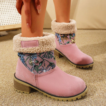 Elegant floral embroidered snow boots in various colors and sizes for women