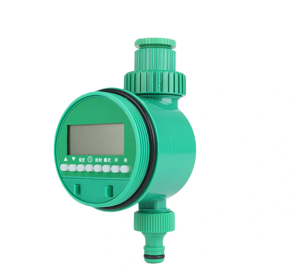 Green home garden solenoid valve controller with LCD display showing irrigation programming