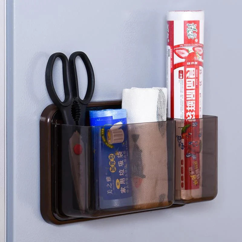 Compact refrigerator organiser with magnet-free, perforated storage design for efficient kitchen storage and organisation