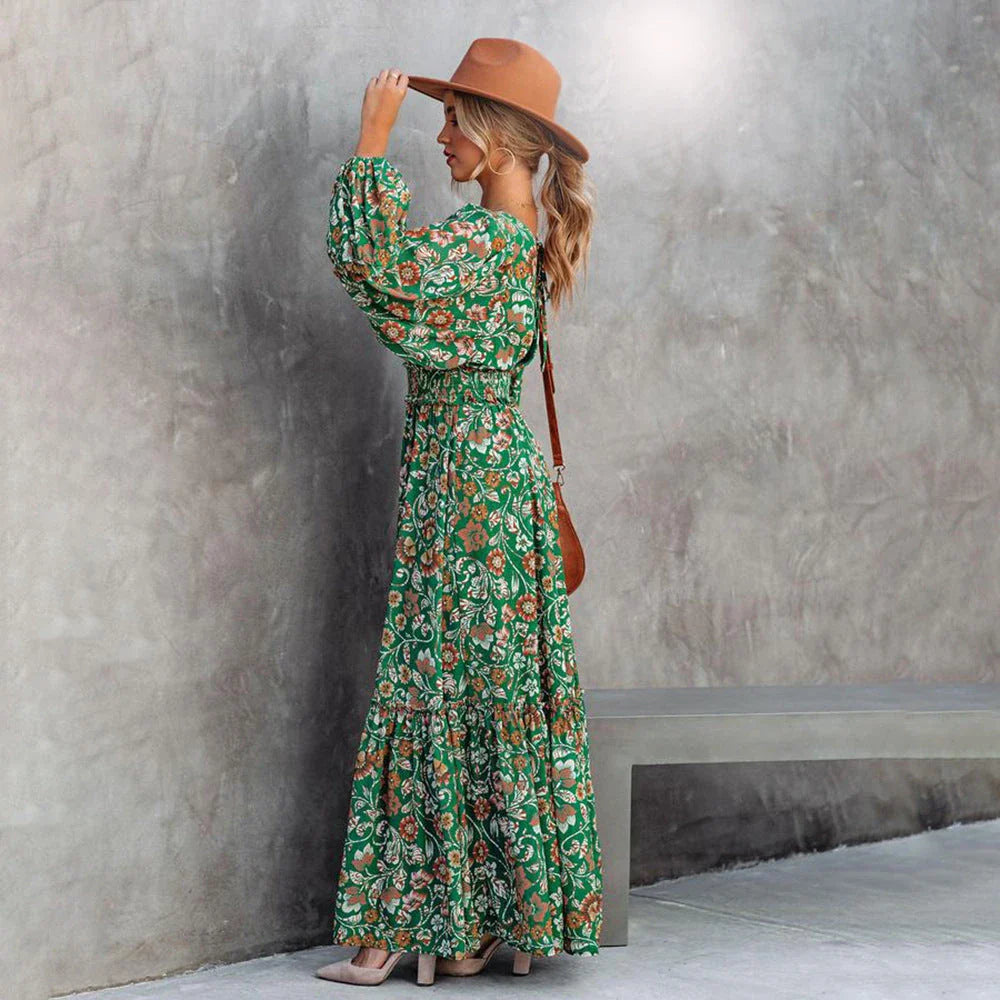 Elegant green printed halter dress with flared sleeves, made of high-quality polyester fabric