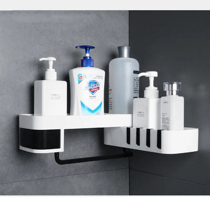 Plastic bathroom corner shelf in black and white or grey and white, designed for a bathroom corner
