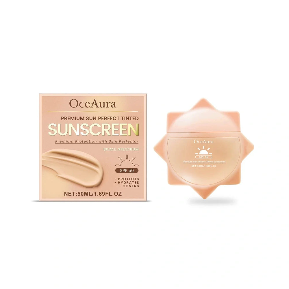 SPF50+ sunscreen cream in 50ml tube with titanium dioxide and hyaluronic acid for summer protection