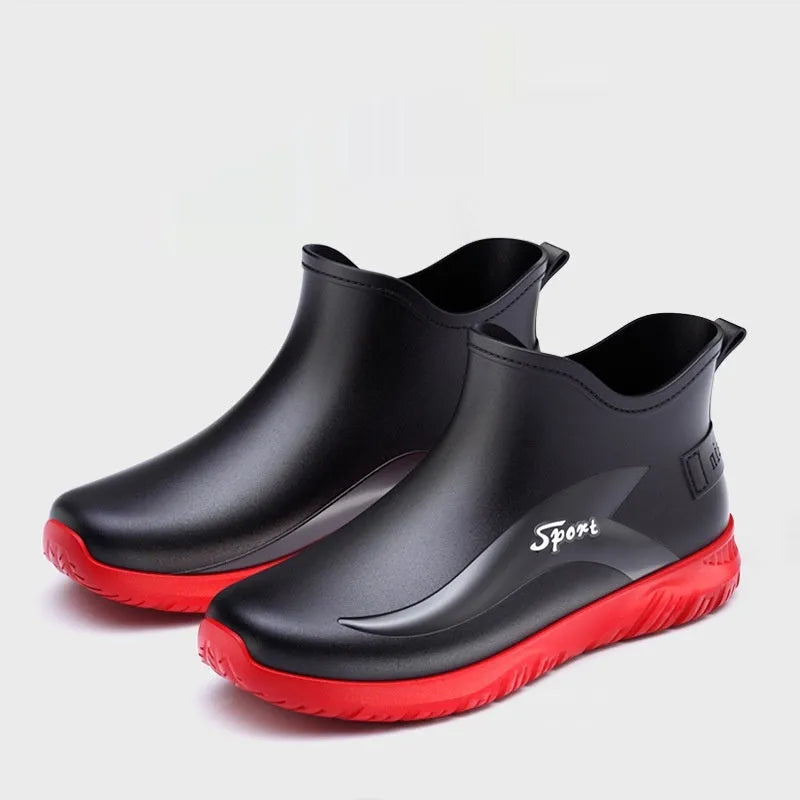 Men's short PVC rubber boots in beige, black, and black-red colours with a non-slip flat sole.
