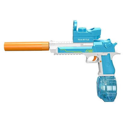 Automatic electric water gun toy with Desert Eagle linkage design, ammunition drum, silencer, and telescopic sight, 41.1cm long