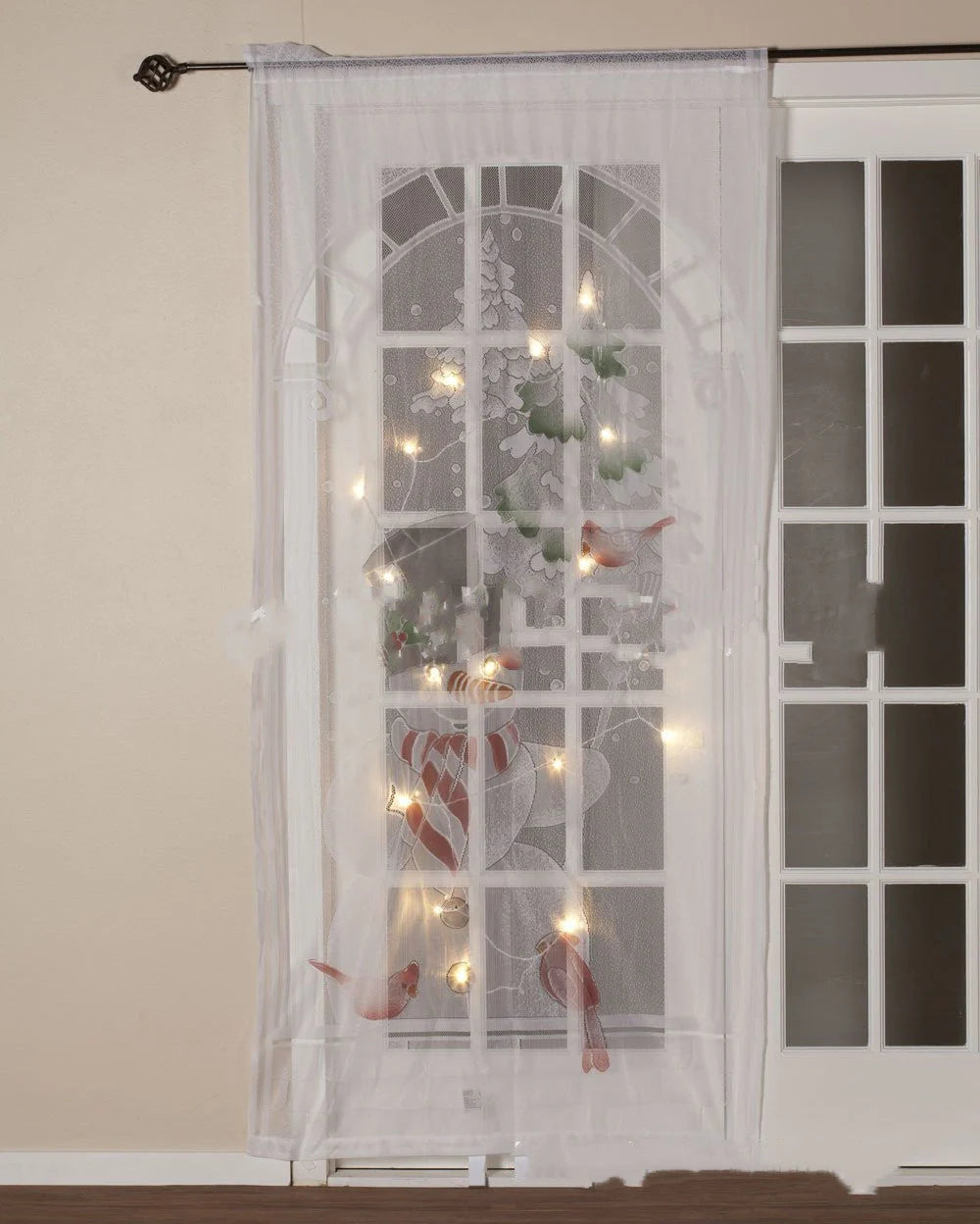 Christmas-themed blackout curtains with Santa, snowmen, and deer designs, available with or without LED lights