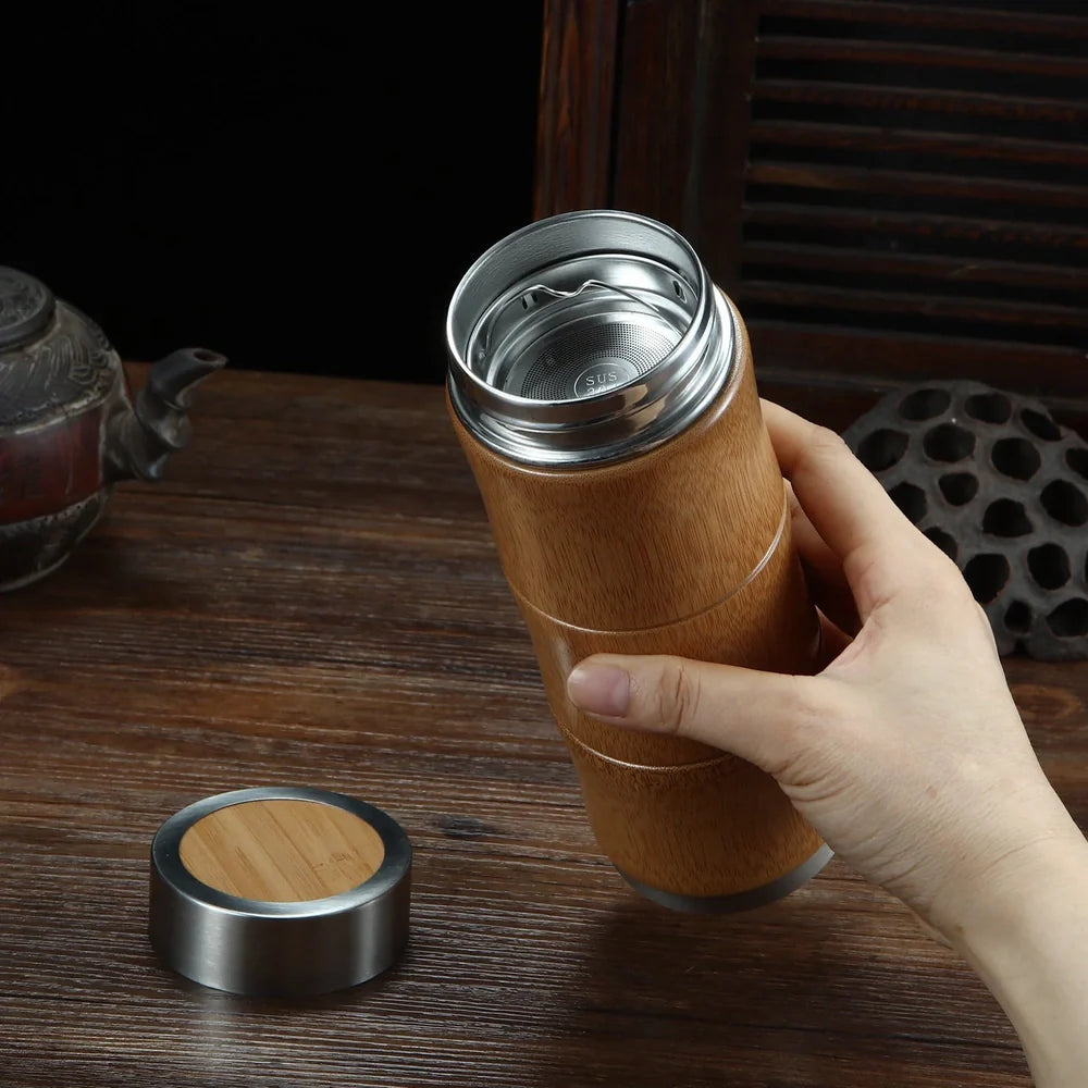 Bamboo and stainless steel hot water cup with wood colour finish and 400ml capacity