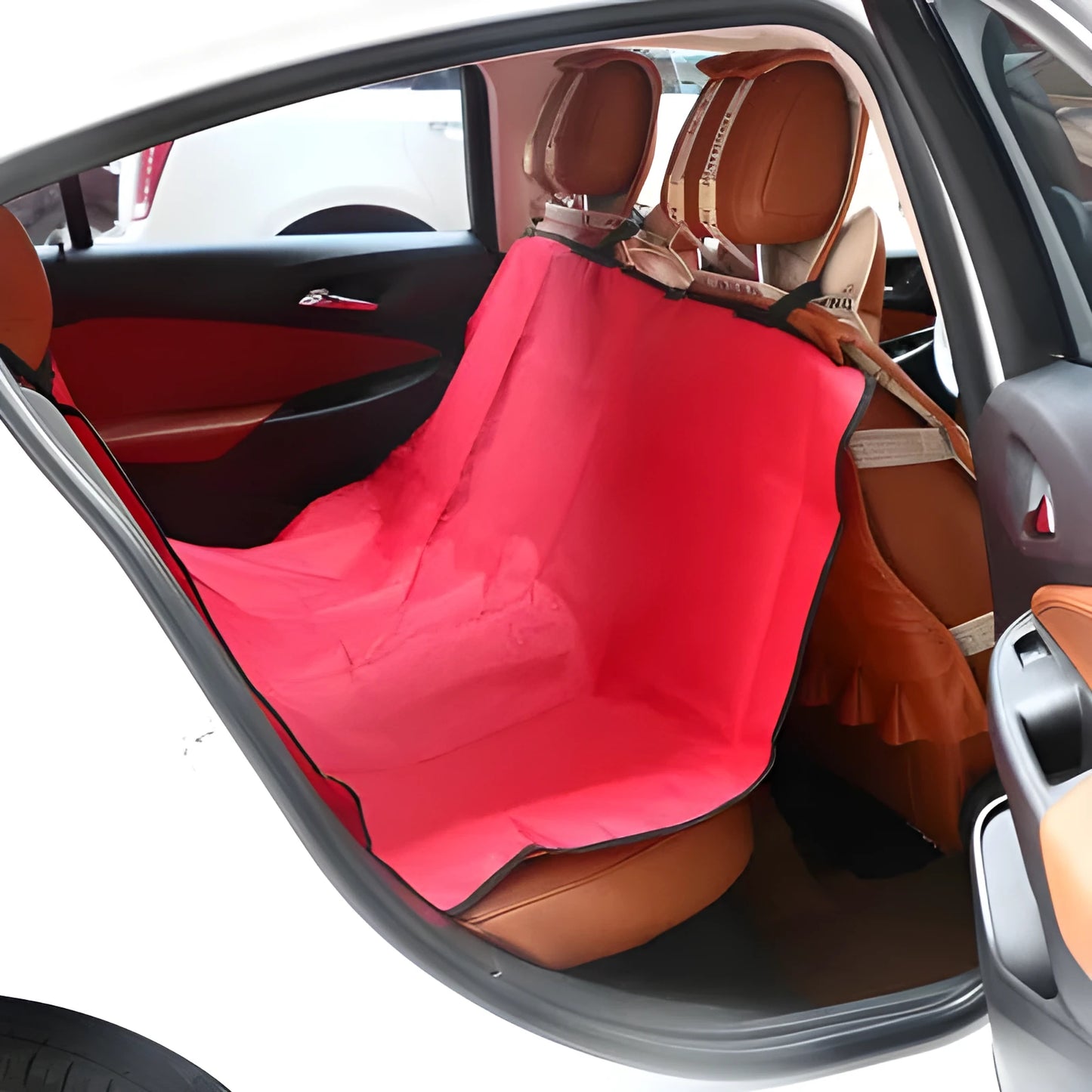 Red waterproof car seat pad for pets, 135cm by 135cm square, on a vehicle seat.