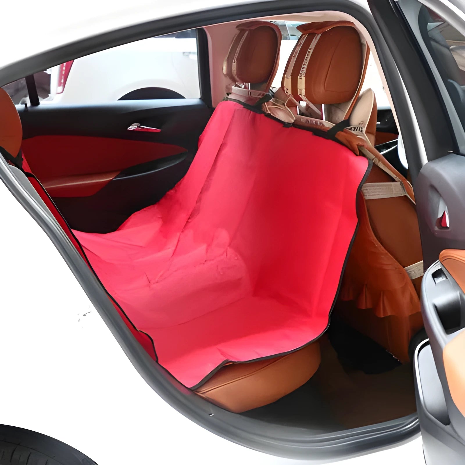 Red waterproof car seat pad for pets, 135cm by 135cm square, on a vehicle seat.