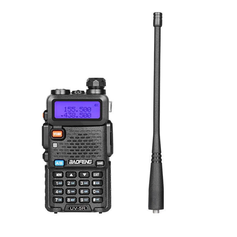Black walkie talkie with antenna showing 128 channels and VHF/UHF frequency range for long-distance communication.