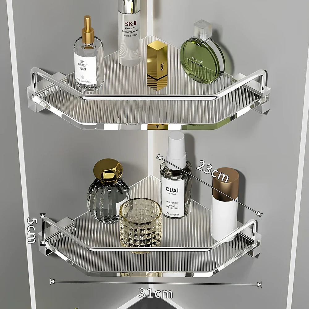 Acrylic bathroom shelving unit with space aluminium frame in gold or silver finish
