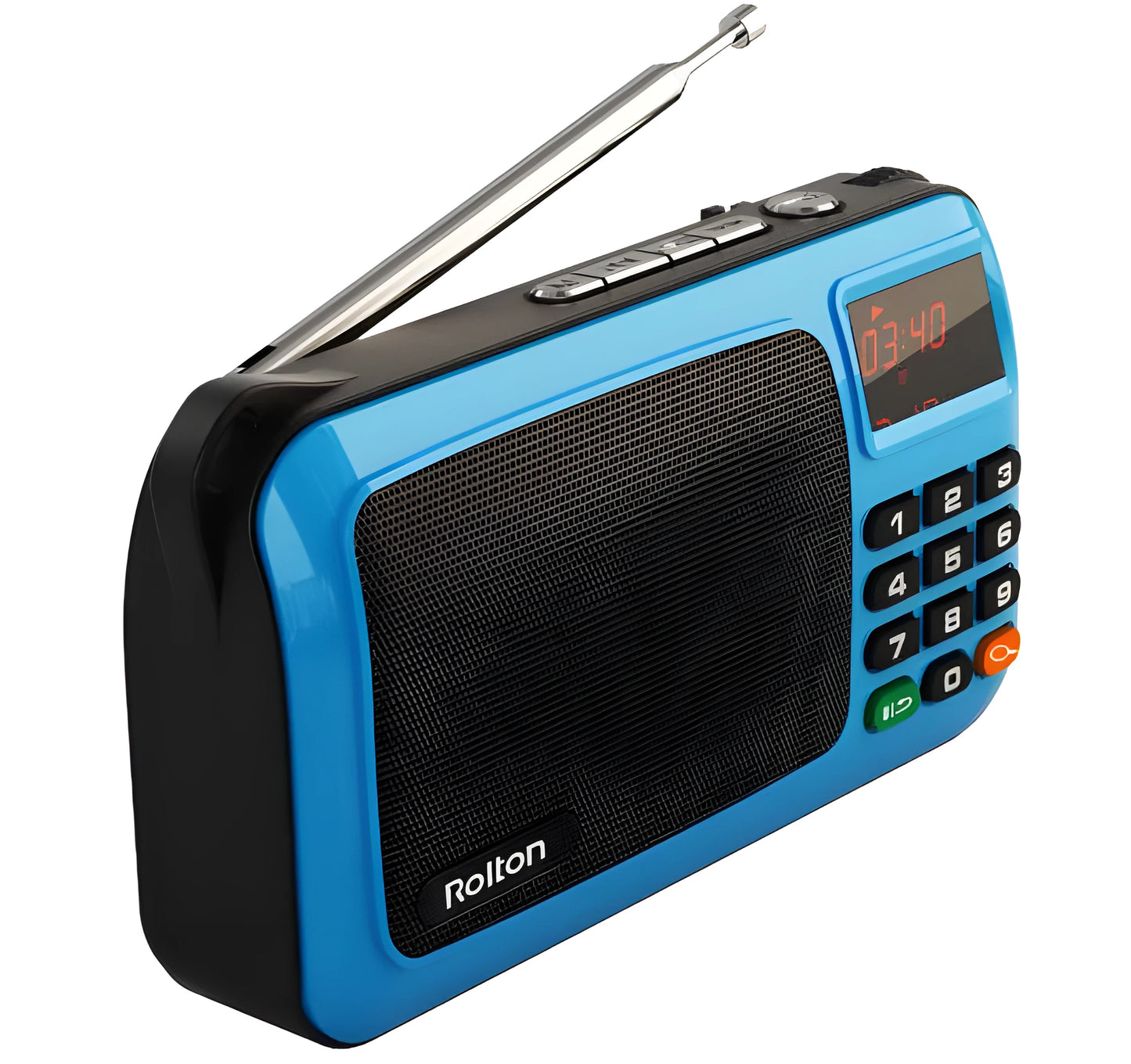 Rolton W405 portable FM radio MP3 speaker in gold, blue, or red with LED screen and carrying strap