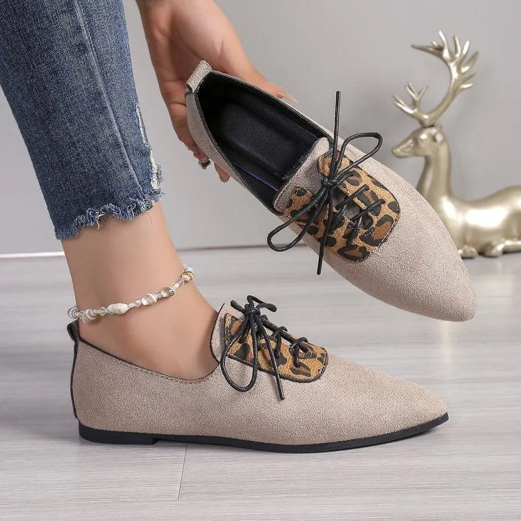 Beige leopard print women's pumps with pointed toe design for plus sizes