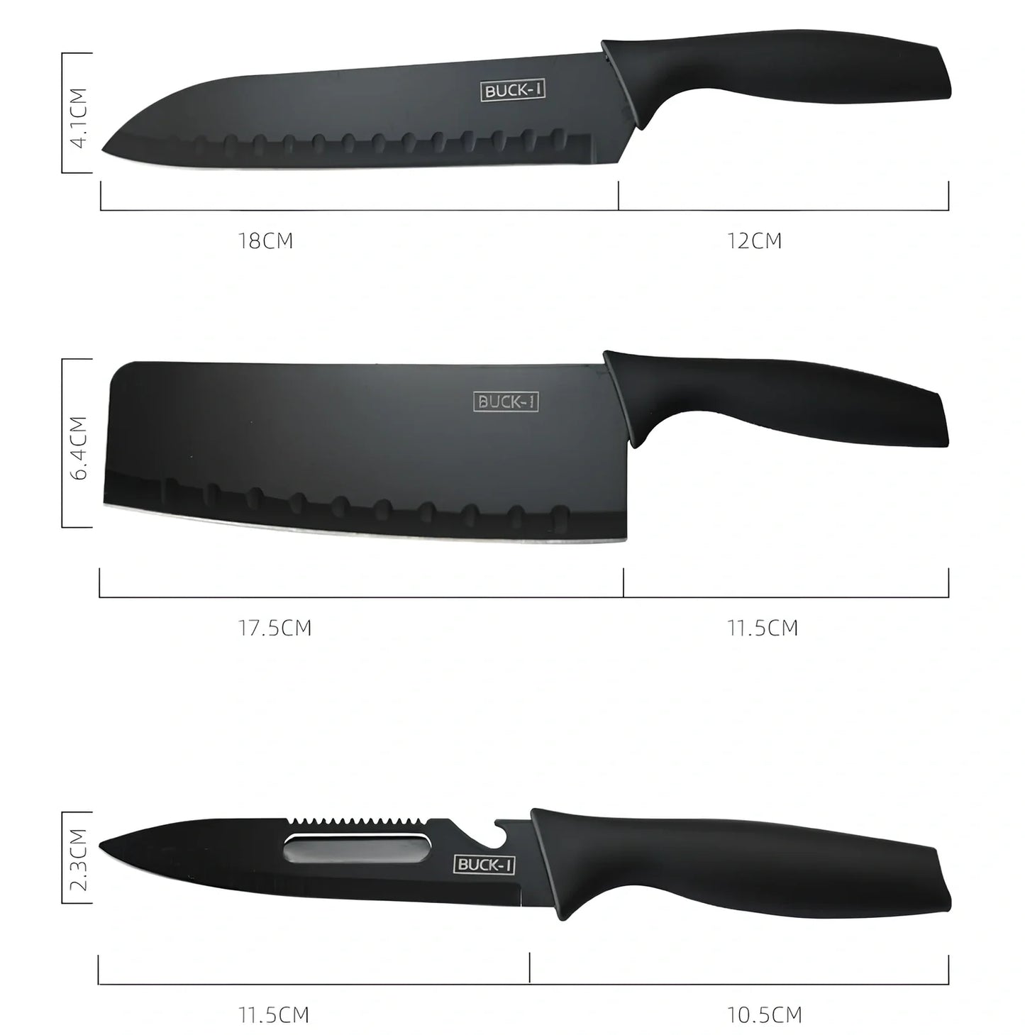 Fruit knife set with 15cm stainless steel blades and ergonomic black handles for kitchen use