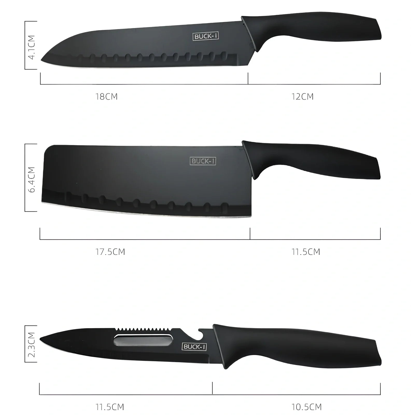 Fruit knife set with 15cm stainless steel blades and ergonomic black handles for kitchen use