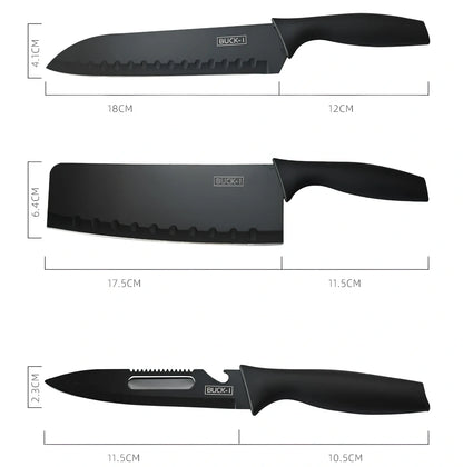 Fruit knife set with 15cm stainless steel blades and ergonomic black handles for kitchen use
