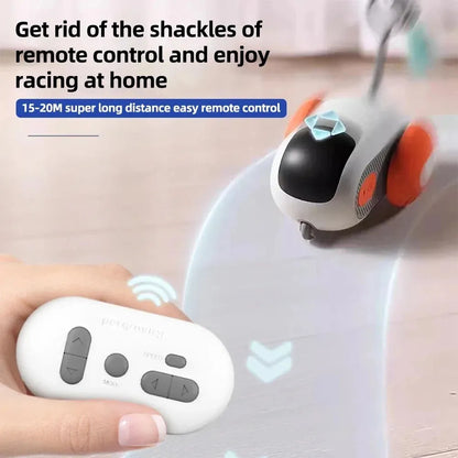 Blue remote control cat toy car with feather teaser on plastic chassis showing USB charging port
