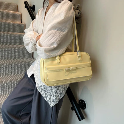 PU single shoulder bag with mobile phone compartment in horizontal square shape with optional pearl bow ornaments