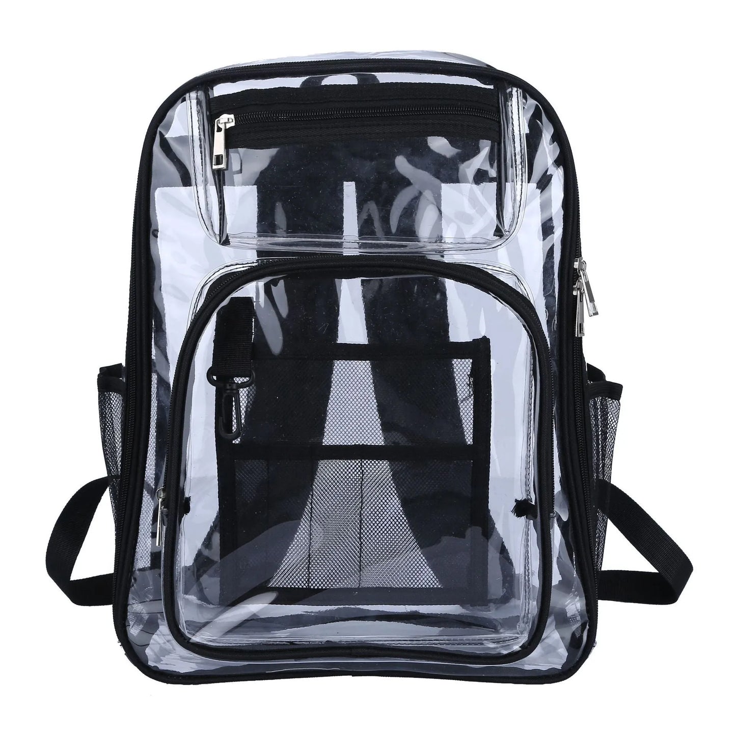 Transparent PVC waterproof backpack with a coloured inner voile bag, shown in various colours.