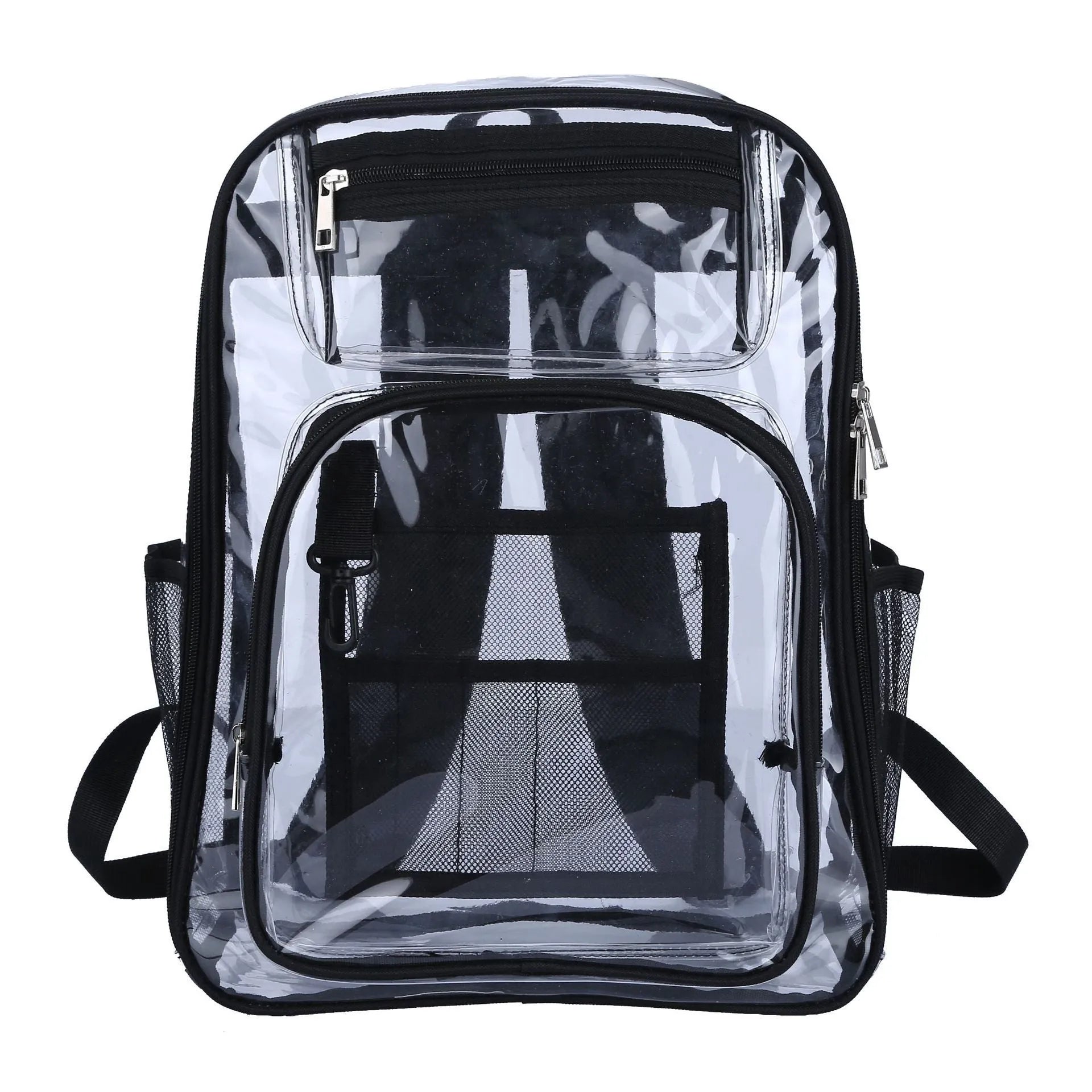 Transparent PVC waterproof backpack with a coloured inner voile bag, shown in various colours.
