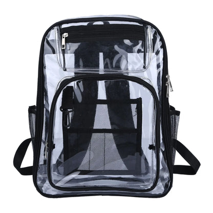 Transparent PVC waterproof backpack with a coloured inner voile bag, shown in various colours.