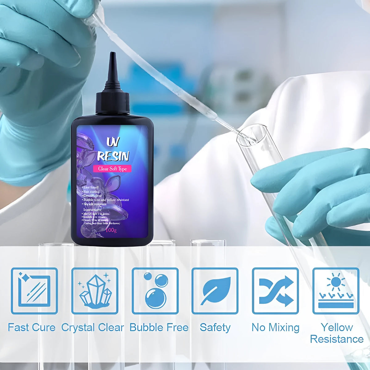 Flat 100g bottle of UV transparent soft epoxy crystal glue with yellowing resistance