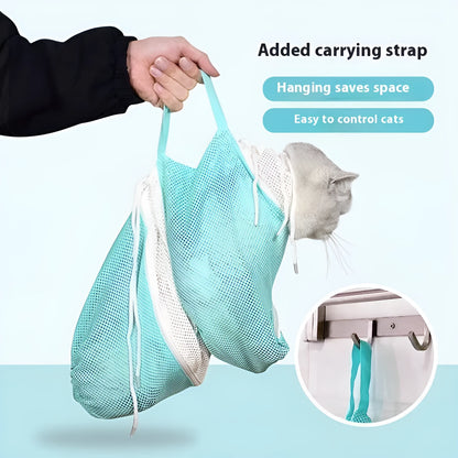 Upgraded fifth-generation cat grooming bag in grey and white, shown detachable and scratch-resistant.