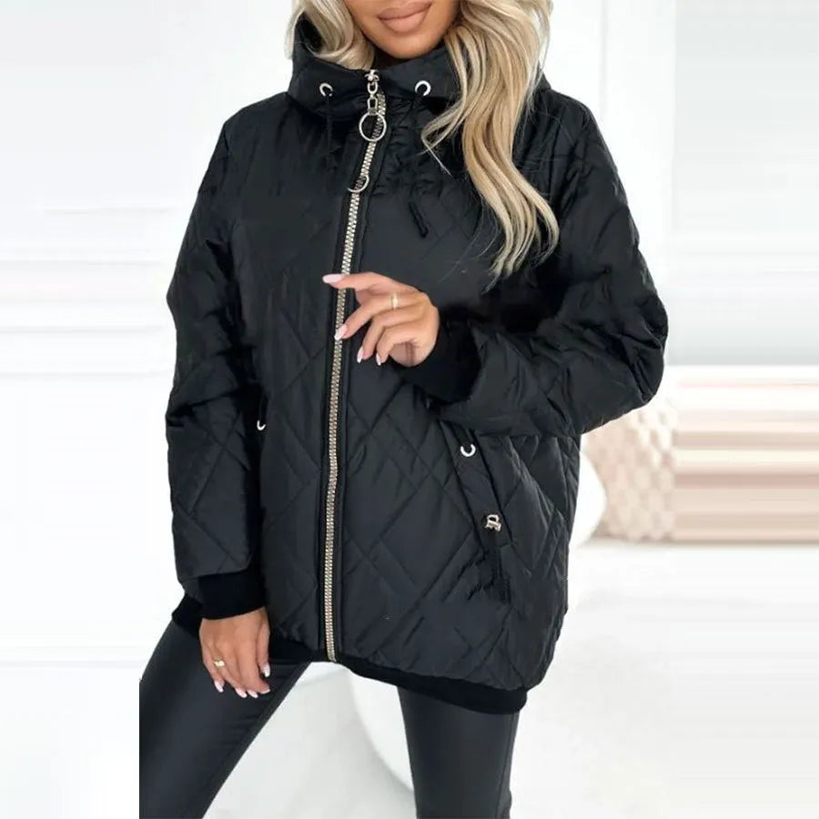 Women's casual black hooded polyester coat with long sleeves on a hanger