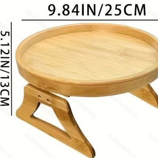 Wooden clip-on sofa tray table with carving design in bamboo colour on armrest