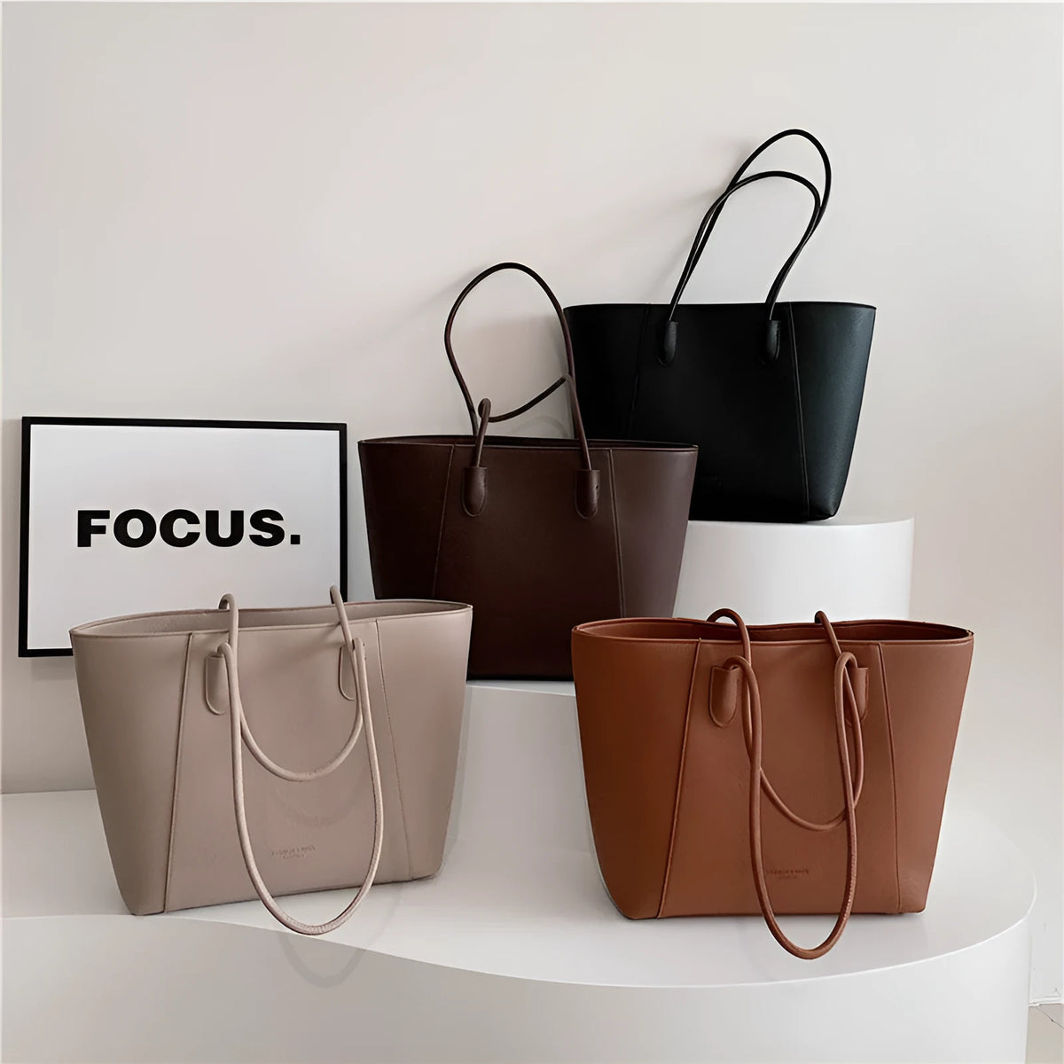 PU leather soft bucket shoulder tote bag with synthetic leather lining, outer sandwich pocket and zipper change bag
