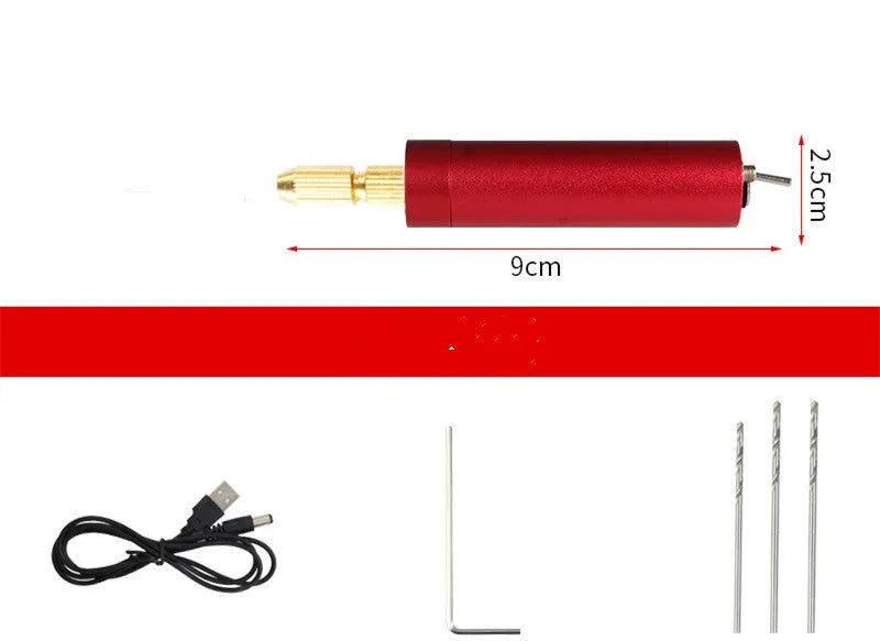 Small silver aluminium USB electric grinder tool with three drill bits and a wrench on a white background.