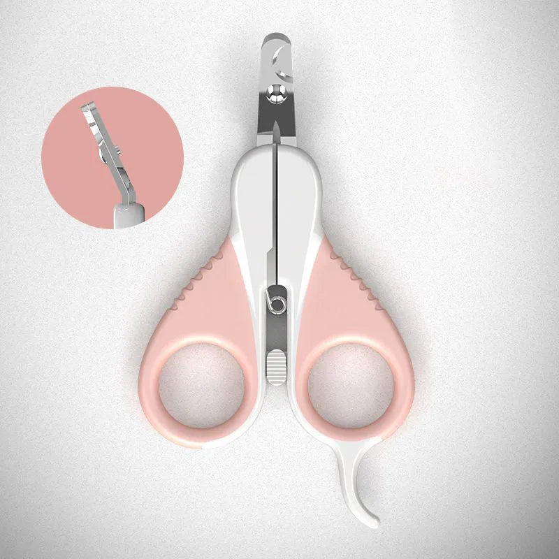 Grey and pink handled cat nail clippers with angled blade and safety lock for small pets