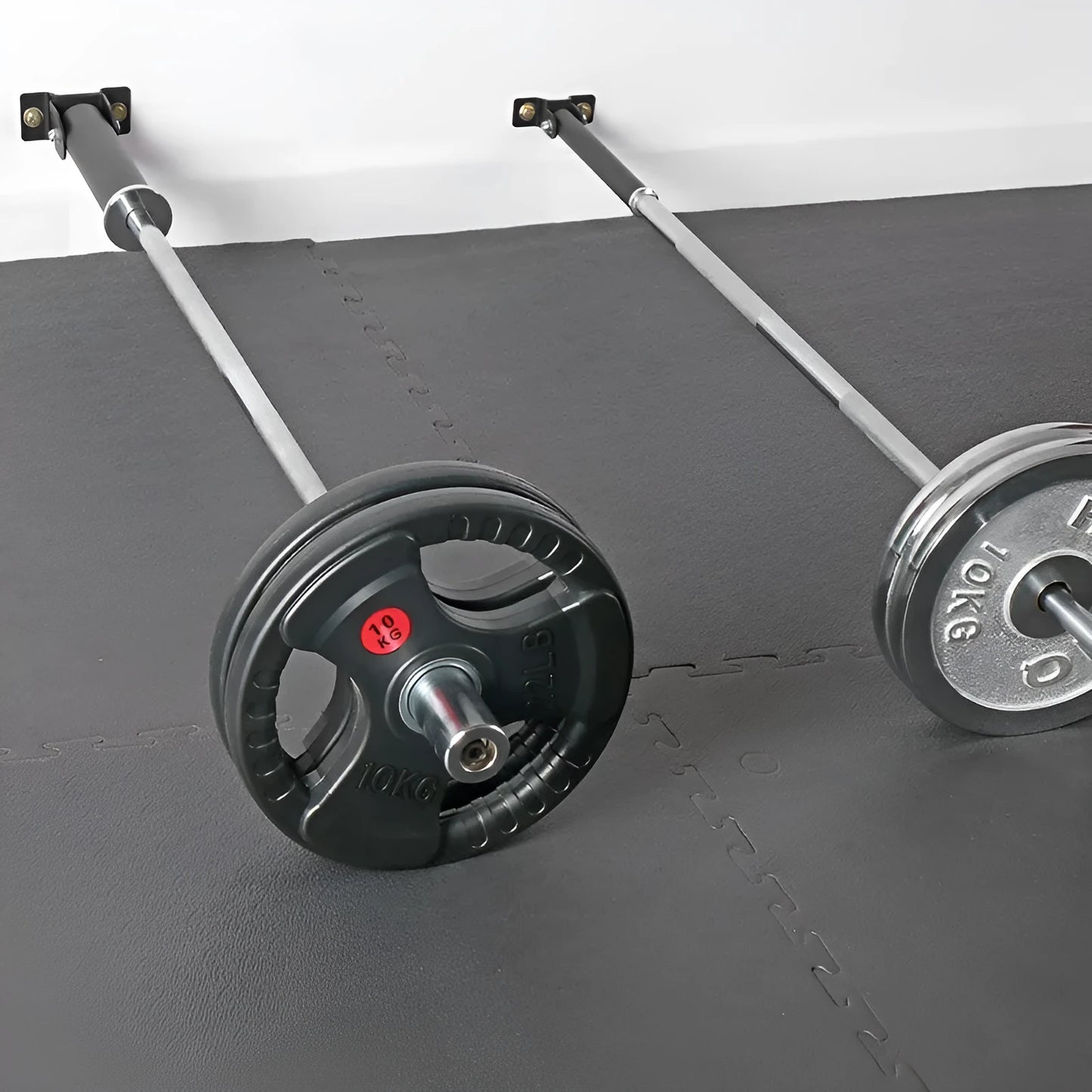Steel wall barbell rack with 25 tubes for organising barbells and rods, showing mounting hardware
