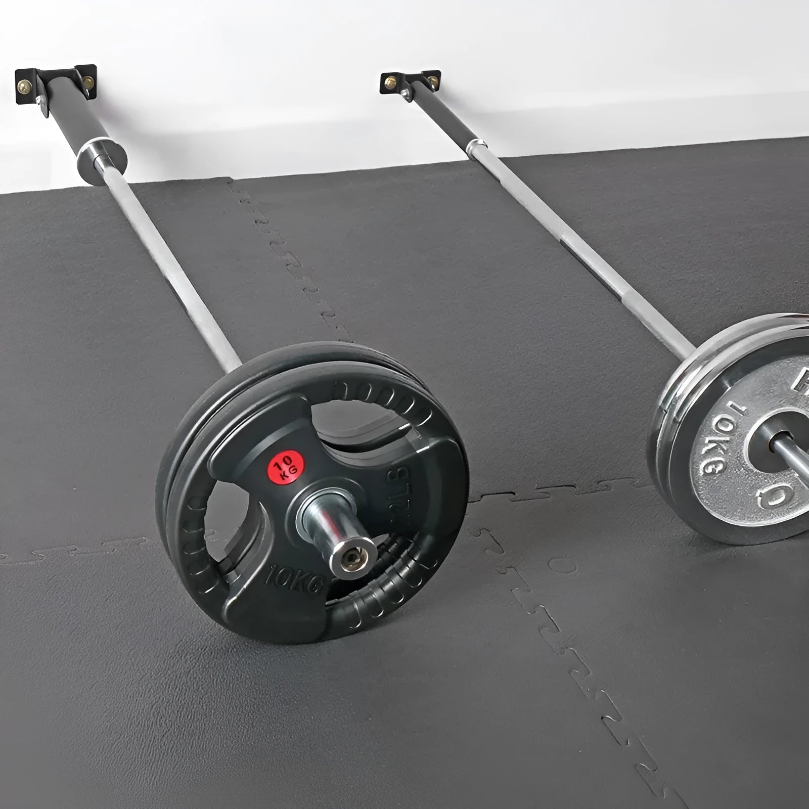 Steel wall barbell rack with 25 tubes for organising barbells and rods, showing mounting hardware