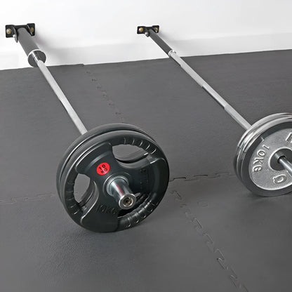 Steel wall barbell rack with 25 tubes for organising barbells and rods, showing mounting hardware