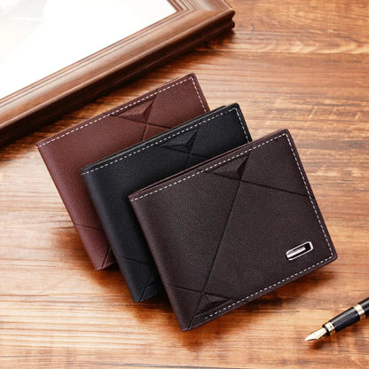 Men's three-fold PU leather wallet with multiple card slots in black, brown and dark coffee colours