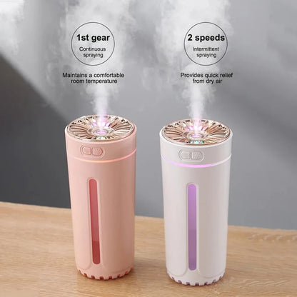 Black portable humidifier with LED lights beside car cup holder showing mist output