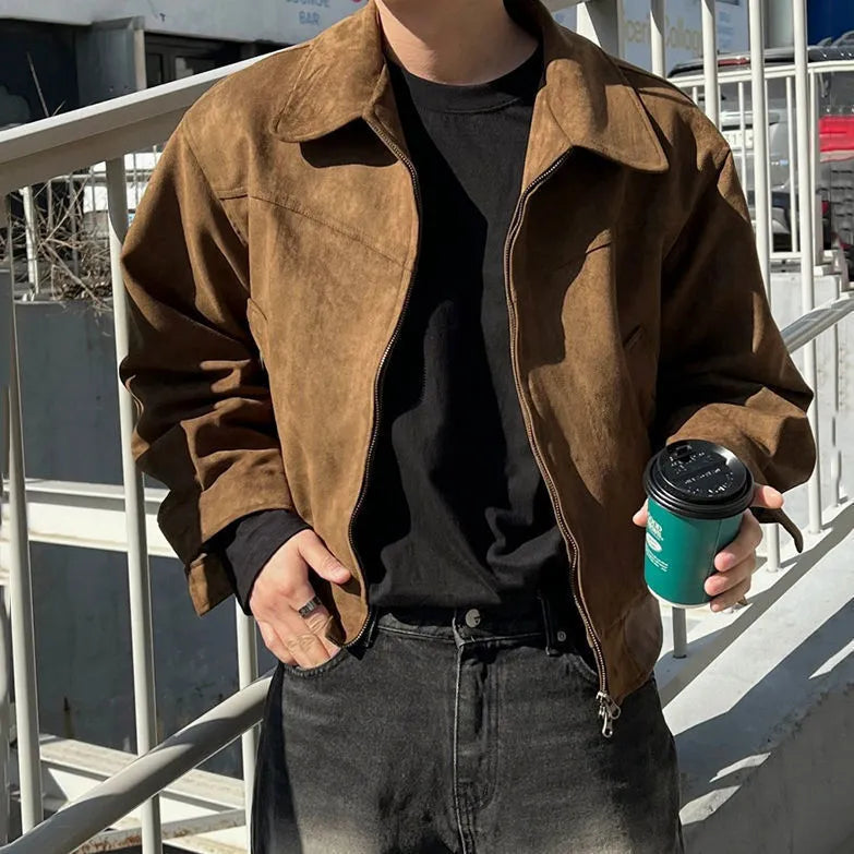 Loose lapel short suede jacket in brown or black, Hong Kong style, unhooded, sizes M to 2XL