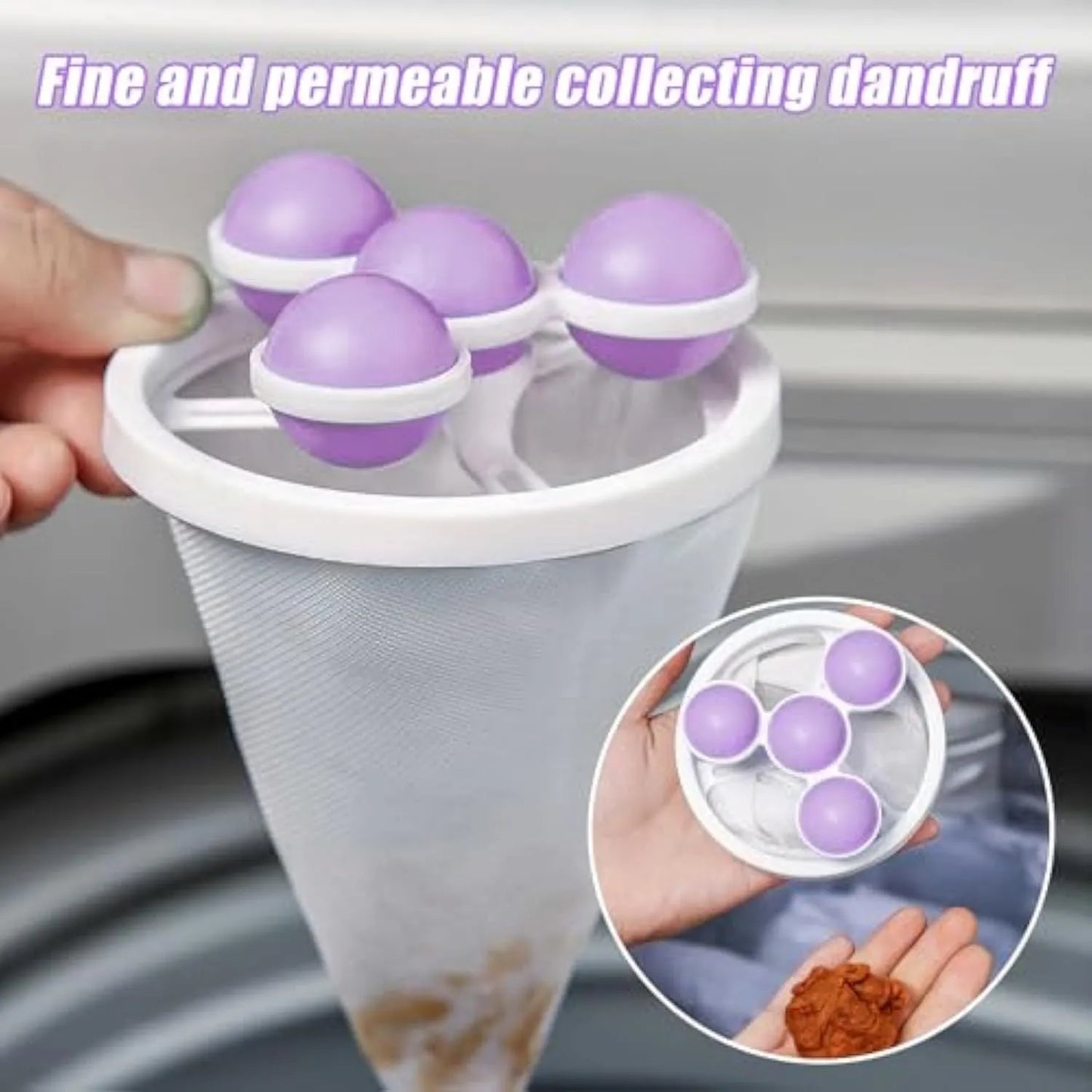 Three reusable washing machine hair filter bags in blue, pink, and purple colours for pet lint removal