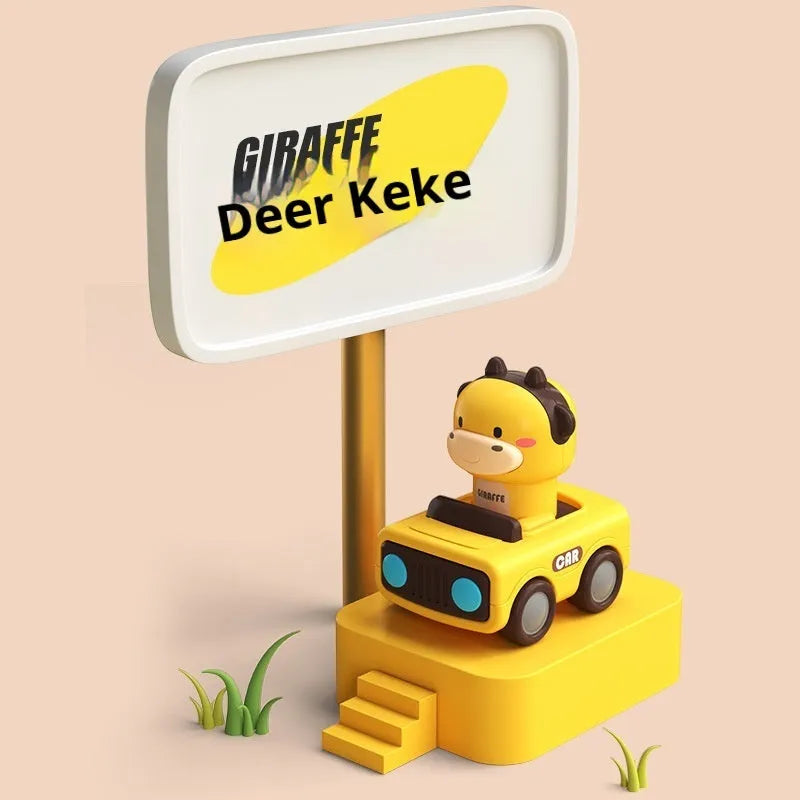 Plastic pressing animal car toy in yellow deer, orange calf, blue lamb, and green calf colours