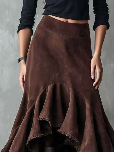 Western brown maxi skirt with high-low hemline and ruffle detailing in eco suede polyester
