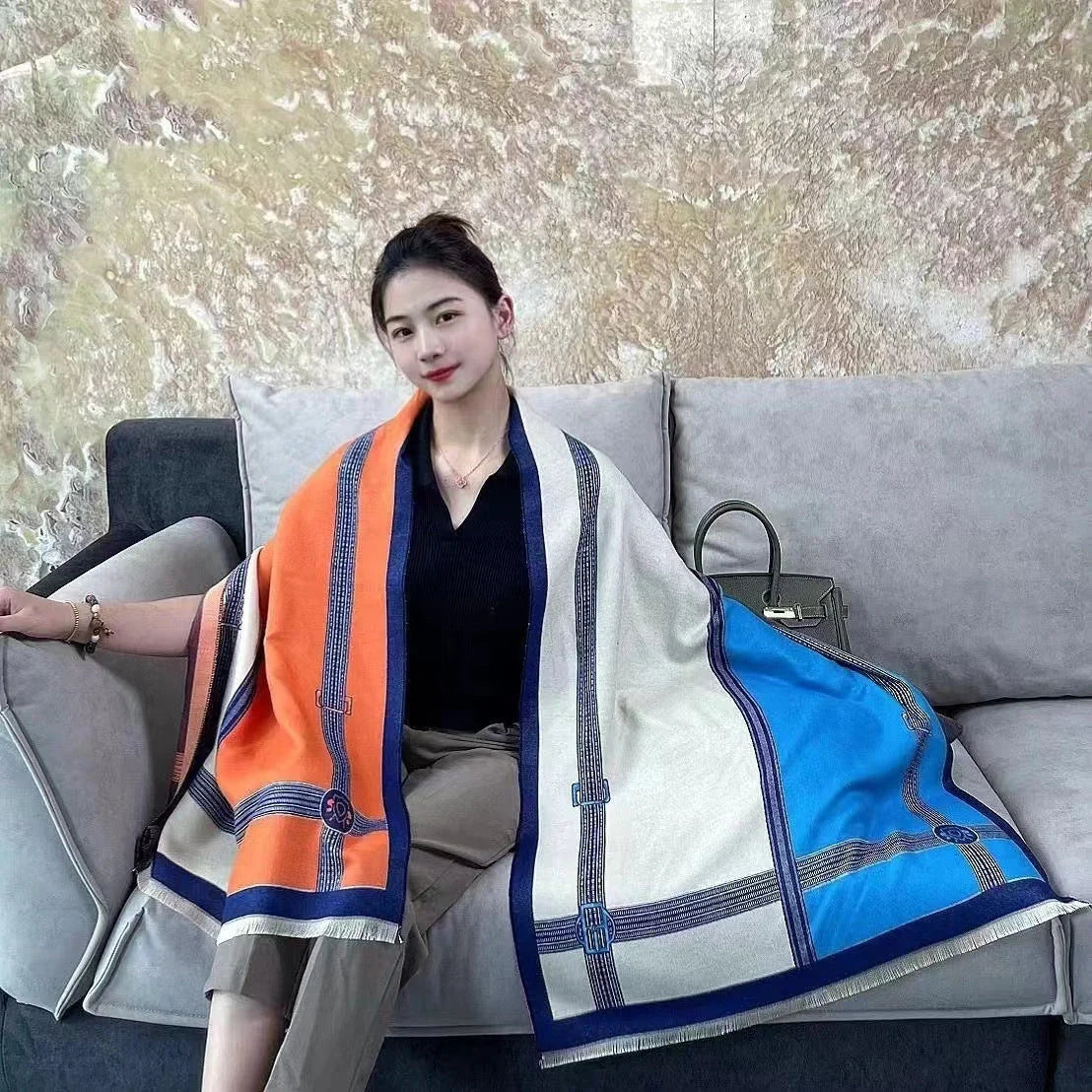 Stylish Korean contrast colour artificial cashmere scarf for women, perfect for winter warmth and fashion.