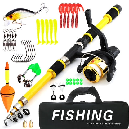 Children's fishing rod suit with pole and wheel reel in blue, green, red or yellow colours with bait accessories