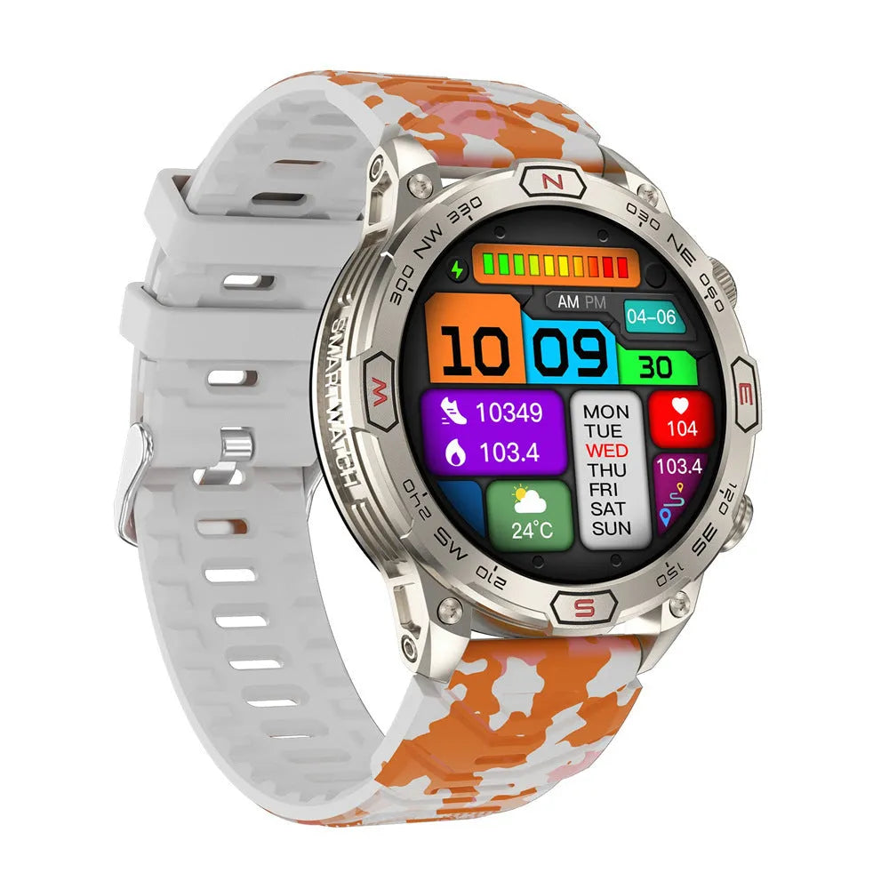 Sports smartwatch with AMOLED screen on silicone wristband showing heart rate display