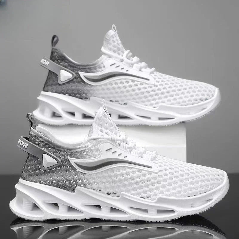 Breathable mesh running shoes with lace-up closure, available in black, white blue, and white grey colors