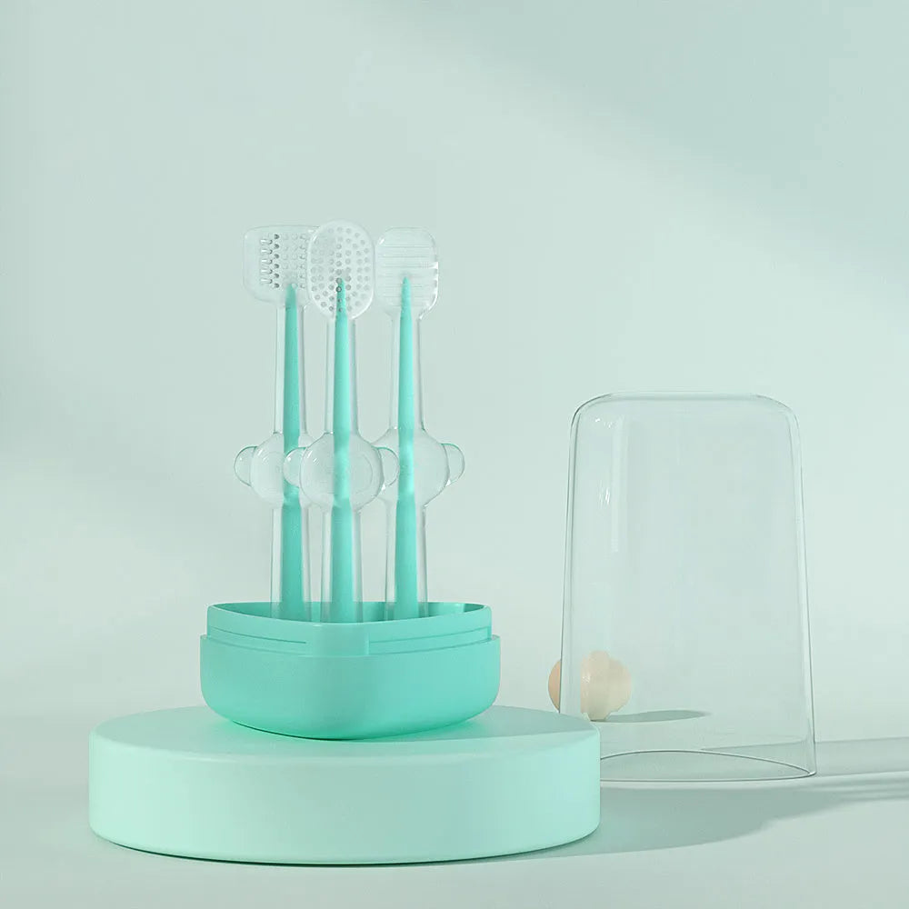 Silicone pet toothbrush for dogs and cats in purple blue green colours for dental care