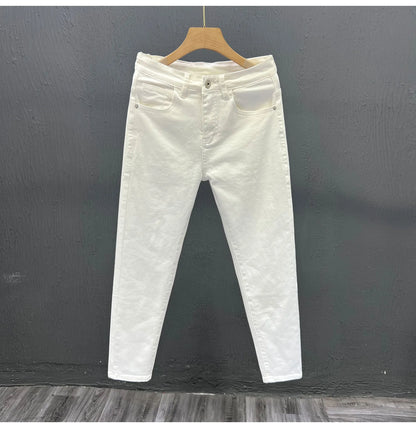 Men's white slim fit jeans with mid to low waist, micro elastic denim and small straight leg