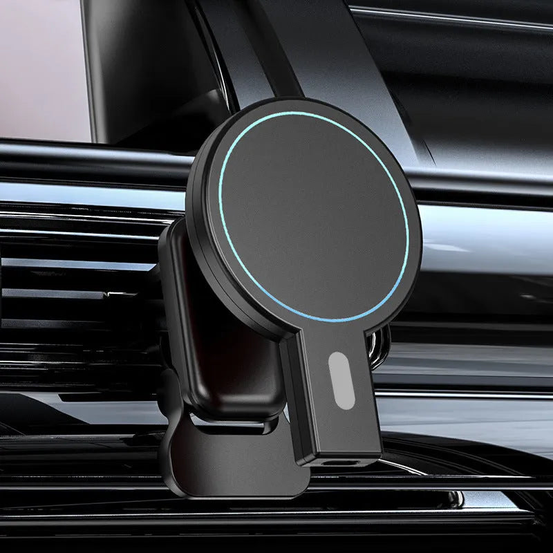 White magnetic wireless charger on a wooden desk next to a smartphone showing the secure magnetic attachment.
